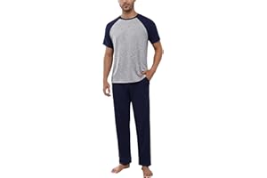 Bresdk Pigiami Uomo Cotone Lungo Pigiama Uomo Maniche Corte e Pantaloni Lunghi Pigiami Due Pezzi da Uomo Completino per Casa Leggero e Morbido