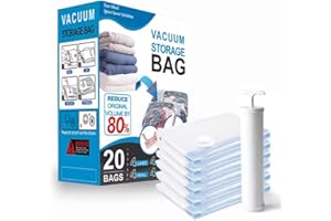VIGOEXPRESS Vakuumbeutel für Kleidung mit Luftdichtem Ventil und Handpumpe - 20er-Pack | 4 x Jumbo, 4 x Groß, 4 x Mittelgroß, 4 x Klein, 4 x Roll-up für die Reise | STORAGEBAG