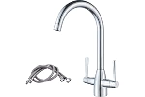 NewEast Kitchen Mixer Taps,Monobloc Swivel Spout Dual Lever Chrome Kitchen Sink Tap with UK Standard Hoses