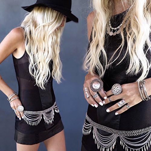 FinDox(TM) Gypsy Antique Gold Silver Metal Dangle Hippie Flower Turkish Bohemia Shiny Belt Dance Waist Chain Coin Belly Collier Bijoux