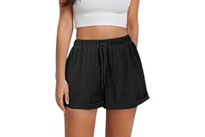 Sahunfri Short d'été en lin pour femme - Taille haute - Avec cordon de serrage et poches