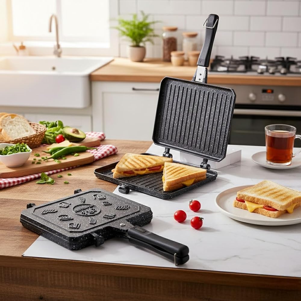 Deconox Çift Taraflı Ocak Üstü Döküm Tost Makinesi, Granit Efektli Yanmaz Yapışmaz Sandviç ve Tost Tavası - Hamburger, Omlet ve Aperatifler İçin İdeal | Ergonomik Saplı Kolay Temizlenebilir Grill Tava