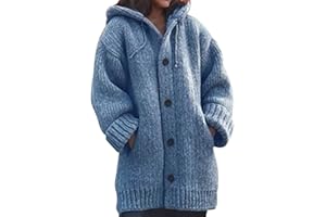 L9WEI Veste d'hiver épaisse en tricot pour femme - Veste chaude décontractée avec capuche - Manteau d'hiver de longueur moyenne - Couleur unie - Manteau de mi-saison