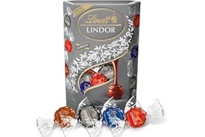 Lindt bombones LINDOR CORNET SILVER incluye bombones de chocolate negro al 70% de cacao, chocolate con leche, avellana, interior de chocolate cremoso, surtido de chocolate, 337 g, aprox 26 bombones