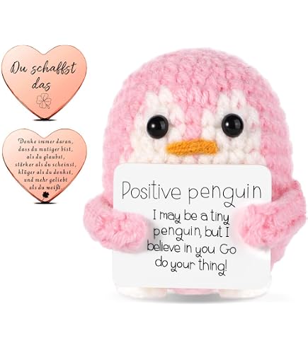 Positiver Pinguin Als Motivations-Geschenk | Gestrickt, Mit Schlüsselanhänger & Karte | Grau