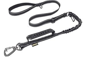 AUBELL Tactical Dog Lead Heavy Duty,4-6ft Reflective Strong No Pull Bungee Lead for Medium Large Dogs with Comfortable Padded Double Handle,Car Harness, 360 Degree Rotating Carabiner,Black