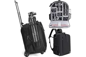 Cwatcun Camera Backpack Trolley Case Bag with Tripod Holder Anti-Theft Waterproof Camera Bag fits 15.6' Laptop for Canon Nikon Sony DSLR SLR Camera for Women Men Photographer(5.0 Black, Large)