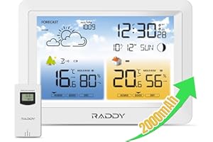 Stazione meteorologica wireless Raddy WM6 con sensore remoto, batteria integrata da 2000 mAh, barometro, orologio DCF, previsioni meteo, avviso rischio muffa, display a colori per interni ed esterni