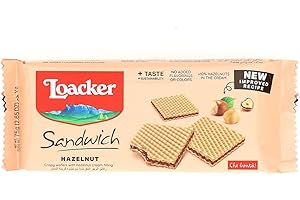 Loacker, Sandwich Hazelnut, Biscotti Wafer con 2 Sottolissime Cialde Croccanti Farcite con Crema alle Nocciole 100% Italiane e Cacao, Leggeri e Golosi, Ideale come Snack o Dessert, Confezione da 75g