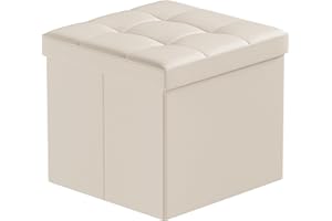 BRIAN & DANY Puff Almacenaje Plegable, Taburete de Almacenamiento con Tapa, Pequeño Baúl Otomano de Cuero para Entrada Salón Dormitorio, 38 x 38 x 38 cm, Beige