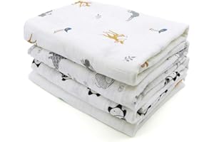 ALBOYI 4 Pack Baby Muslin Washcloths, 120cmx110cm Cotton Muslin Baby Wiping Bathing Towels with Printed Design, Highly Absorbent, Washable & Reusable