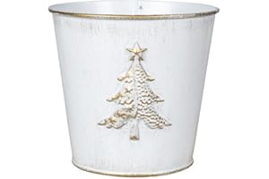 Fyne-Finds Metal Christmas Tree Embossed Plant Pot 18cm, 7inch Tin Pail Planter 2.1L Gold White Decor Xmas Gift (1)