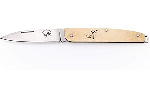 AZERO Navaja Salamandra 306001 con Hoja de Acero Inoxidable Molibdeno Vanadio de 7,5 cm y empuñadura de 10 cm de Latón para Caza, Pesca, Supervivencia y Bushcraft. + Portabotellas de Regalo