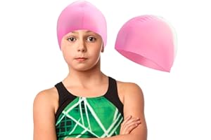 DOZYLIVE Kids Swimming Cap for Girls 4-12 Years Silicone Swimming Hat Comfortable Fit for Long Short Hair, Waterproof Swim Cap Anti-Slip Stretchable Girls Swim Cap for Children Teens, Pink and White Gradient