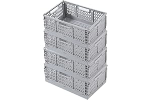 Ygapuzi Plastic Collapsible Crate Folding Storage Basket with Handle for Shelves Home Kitchen Classroom and Office Vanity Bathroom Organization Drawer Clapboard(12" x 8" x 5") (Gray-4pack)