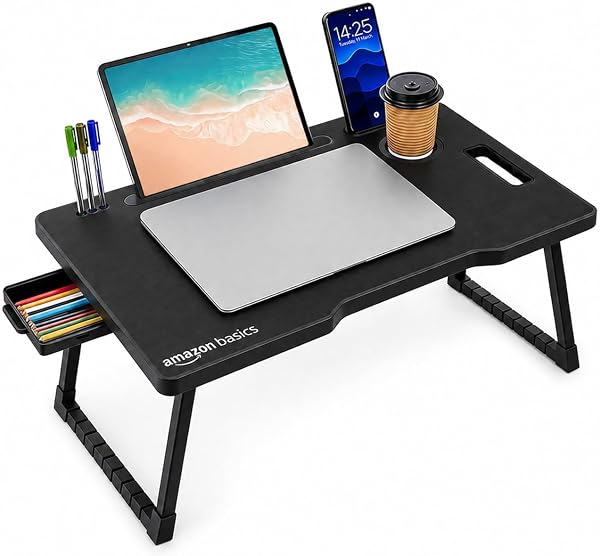 Amazon Basics Engineered Wood Foldable Laptop Table with Cup and Pen Holder, Tablet and Mobile Phone Groove | Mini Drawer, Use for Writing, Bed, Breakfast (60L