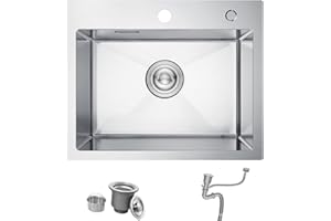 Fregadero de Cocina Cepillado, Bokaiya 55 x 45 cm Empotrable, de Acero Inoxidable, Profundo, con 2 Agujeros para Grifo, Sifón, para Cocinas Pequeñas, Bares y Restaurantes