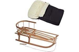 ‎BAMBINIWELT24 BAMBINIWELT Kombi-Angebot Holz-Schlitten mit Rückenlehne & Zugseil + universaler Winterfußsack (90cm), auch geeignet für Babyschale, Kinderwagen, Buggy, aus Wolle Uni