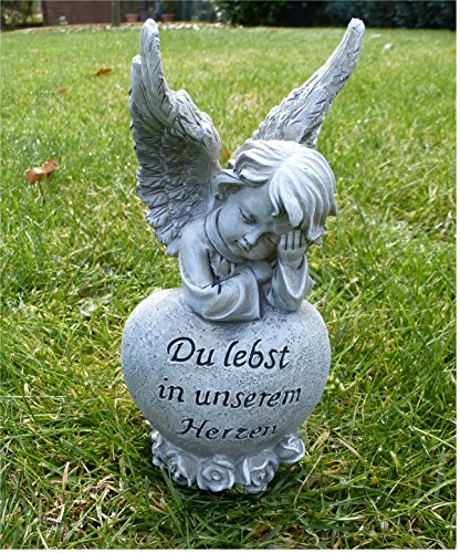 Trauerengel Grabschmuck Engel auf Herz *Du lebst in unserem Herzen* grau-antik