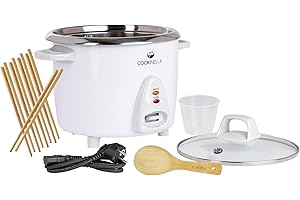 ‎KEMAR KITCHENWARE KeMar Rice Cooker (700 W, 1.8 L, White) Keep Warm Function + Free Chopsticks, Stainless Steel Pot and Glass Lid Dishwasher Safe - Compact, Includes Bamboo Spoon and Measuring Cup, KRC-300, Steamer,