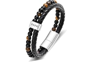 TempBeau Armband Herren Papa Geschenke : Opa Armkette Perlen Länge Einstellbar Leder Daddy Armbänder Schwarz für Männer Modeschmuck Weihnachten Thanksgiving Tag Vatertag