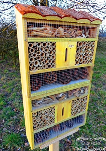 Groß - insektenhotels gelb hellgelb Sonne Vogelhäuser nistkästen insektenhotel, mit Holzrinde-Naturdach, FDV-HOST-OS als Ergänzung zum Meisen nistkästen Meisenkasten oder zum Vogelhaus Vogelfutterhaus Futterstation für Vögel Insektenhäuschen - insektenhotels, insektenhotel für ökologische biologische natürliche Blattlausbekämpfung, Marienkäferhaus-Marienkäfer-Marienkäferkasten-Schmetterlingshaus-Schmetterlinge,Gartendeko