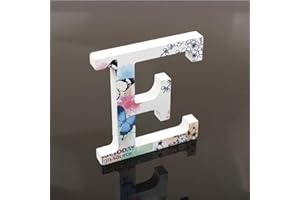 FREEAS Décoratif Bois Lettres, 26 Alphabet Blanc Lettres en Bois Avec Motif Papillon et Fleur imprimé pour Déco Nom des Enfants Fête d'anniversaire de Mariage Décoration de Maison et de Chambre à Couche (E)