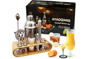 AYAOQIANG Cocktail Shaker Set, Edelstahl 12-teiliges Cocktail Bar Set Barzubehör, 750ML Shaker, Cocktails Mixer, mit Holzständer. 12 Stück (1er Pack)