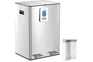 YEAUPE PRO Designpapperskorg 20 l + 20 l, dubbel 40 l behållare med dubbla lock i rostfritt stål, silver, elegant för kök och