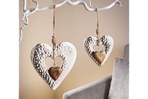 ‎DEKOLEIDENSCHAFT Herz-Hänger „Metall-Holz“ 2er Set aus Mango-Holz & Metall, Silber, für Tür & Fenster Natur-Deko zum Aufhängen, Herbstdeko, Winterdeko, hängend