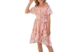 cenozo Lässig Kleider für Mädchen,Chiffon Blumenkleid Schulterfrei Sommerkleid mit Verstellbarem Riemen,Freizeit mit Rüschenärmel Ärmeln für Mädchen im Alter von 6 bis 14 Jahren