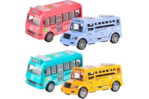HAJXXMM Bus Toy Set, 4 PCS Bus Toy Vehicles for Kids, Mini SchoolBus Model, Friction Powered Vehicle Toys, Pull Back Cars, Push and Go Buses Play Vehicles Gifts for Girls and Boys Ages 3 and Up