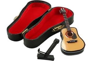 Tiardey Guitare Miniature en Bois - Modèle 10 cm - Mini Guitare avec Support et étui - Modèle Instrument de Musique - Décoration d'intérieur
