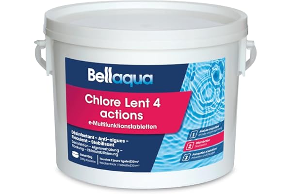 Bellaqua Chlore Lent Multifonction Piscine 3 kg - Galets de Chlores 200g - Traitement Complet Piscine - Désinfection, Anti-Algues, Floculant, Protection du Chlore