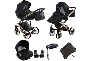 Originale Junama Diamond Fluo-Line 2in1 3in1 4in1 Ombrello Sistemi Modulari Passeggino Combinato + accessori originali Exclusive Prams (4in1 con ISOFIX base, Oro-Nero 04)