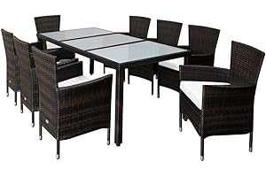Casaria® Polyrattan Gartenmöbel Set 9 teilig Stühle stapelbar inkl. 7cm Auflagen 190x90cm Gartentisch Terrasse Balkon Möbel Sitzgruppe Essgruppe Braun