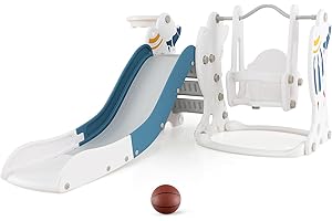 RELAX4LIFE 4 in 1 Scivolo per Bambini, Set da Gioco con Altalena, Canestro da Basket e Arrampicata, Scivolo Pieghevole, Parco Giochi da Interno ed Esterno, 18 Mesi+ (Blu+Bianco)