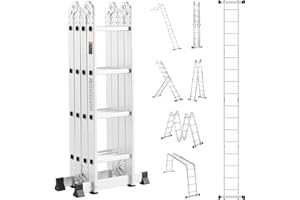 VEVOR Échelle Pliante Polyvalente 7 en 1 Escabeau Télescopique Réglable avec Barre Équilibre, Hauteur de Portée 4,6 m, Charge 150 kg, Échelle Multifonction Cadre A 4 Marches, pour Extérieur Intérieur