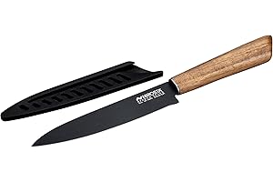 Nirosta Coltello da cucina multiuso in acciaio inox, lama con rivestimento antiaderente, manico in acacia 100%FSC, coltello con custodia protettiva, lavare a mano, dimensione 24 cm, Linea Flow