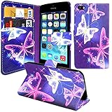MobileConnect4U® Printed PU Leather Wallet/Flip/Stand Case For iPhone 5/5S and iPhone SE With Screen Protector. Blue and Pink Butterfly/Pink