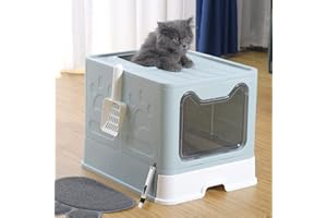 GENPLUS Bac à Litière Fermé pour Chat, Maison de Toilette, Plateau Amovible, Pelle, Brosse, pour Grand Chat, Capacité de Charge 15 kg,Anti-fuites,Grande Maison de Toilette Chat (51 * 41 * 38cm-Bleu)