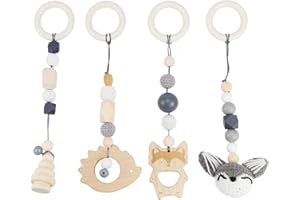 BINYI Spielbogen Baby Spielzeug ab 0 Monate 4 Stück Spielebogen Babies Toys Spielbögen Baby Gym Anhänger Holz für Mädchen Jungen Babyspielzeug für Babyschale Kinderwagen Autositz Spielzeug (Grau)
