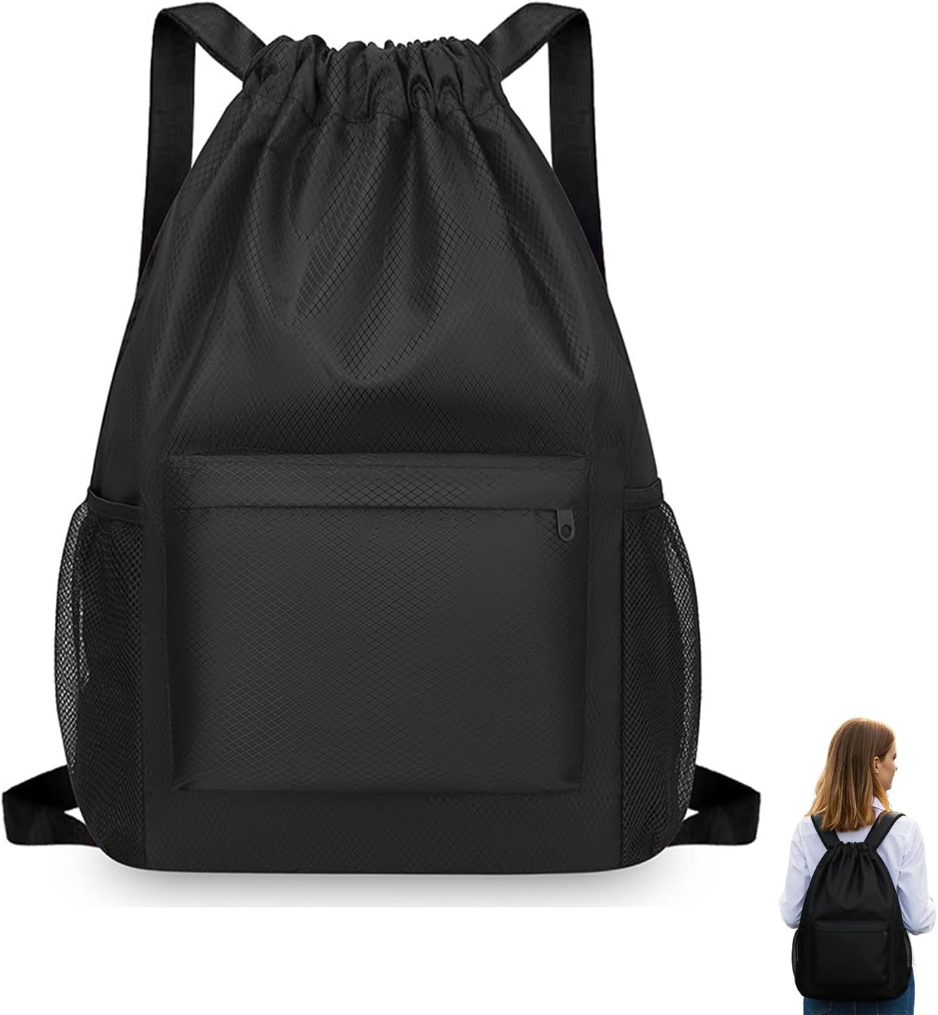 Foonary Bolsa de deporte con cordón, bolsa de deporte impermeable de gran capacidad, bolsa de deporte con cordón, bolsa de deporte negra para hombre y mujer, para deporte, uso diario, viajes, salidas