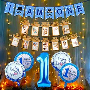Party Propz Blue 1st Birthday Decoration For Baby Boy With Warm Led Light Set I Am One Banner, 1-12 Month Milestone Banner, Number 1 Foil Balloon And Round Foil Balloons Combo-8Pcs.