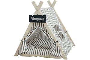 Vinnykud Pet Teepee with Cushion Dogs Tent Stripes Removable and Washable Portable Canvas Pet Teepee Tent with Window Dog Bed Play House for Dog Cat Rabbit Guinea Pig