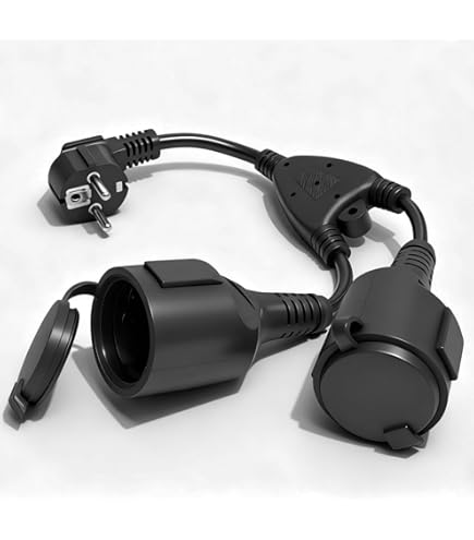 Klarlight Verlengkabel met 2 Schuko stopcontacten, dubbele stekker voor stopcontact, dubbel stopcontact buiten, stekkeradapter 2-voudig voor thuis, kantoor en buiten, 250 V/16 A, zwart