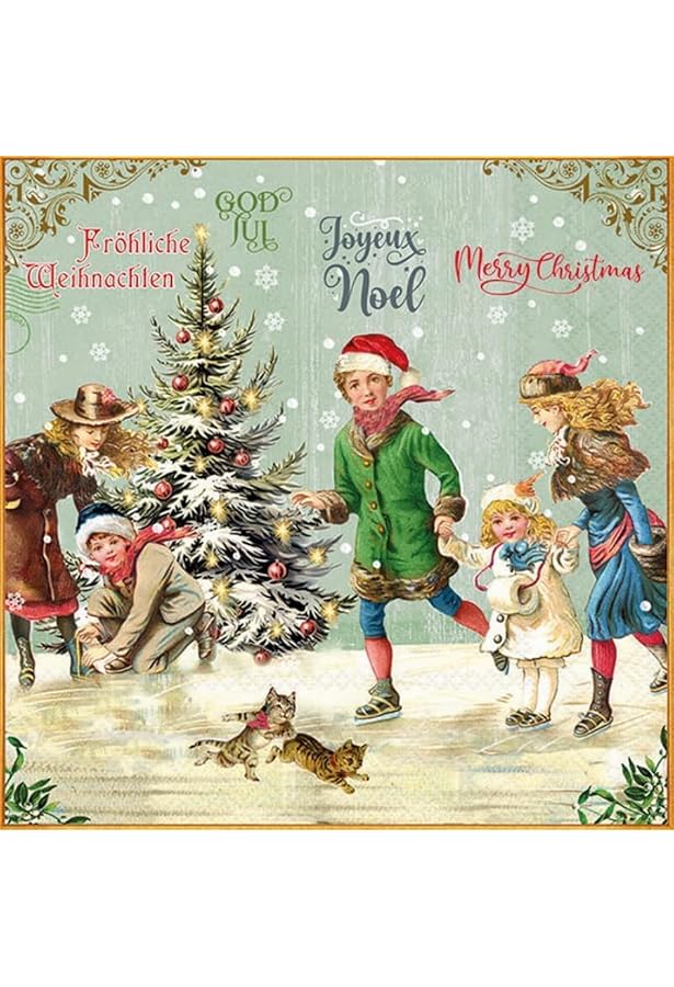 Weihnachtsservietten – 20 Stück, 33x33 Cm, Rot-grün Mit Elch, Weihnachtsbaum, Geschenken & Nikolaus, Festliche Tischdeko