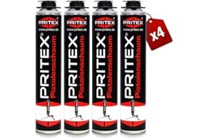 PRITEX – Pistolenschaum 4 x 750 ml zum Verfüllen, Dämmen & Abdichten – Montageschaum mit hervorragender Schall- & Wärmedämmung – Bauschaum für Montagepistole