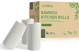Carebee Kitchen Roll - 2 Ply Strong & Absorbent Paper Towels | 100% Bamboo | Zero Wastage | 100 Sheets per Roll | Ideal for Household Cleaning, Spills & Food Prep (Pack of 3)