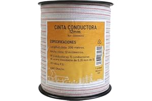 Llampec Hilo Pastor Eléctrico 200 m x 12 mm – Cinta 5 Conductores Acero Inoxidable – Alta Conductividad y Resistencia UV – Cable Valla Eléctrica para Caballos, Vacas y Perros – Bobina Conductora
